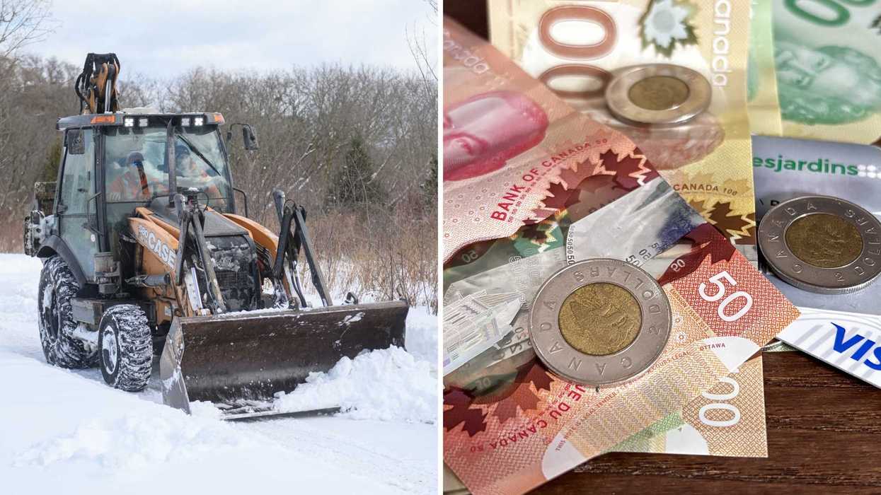 Une déneigeuse. Droite : de l'argent.