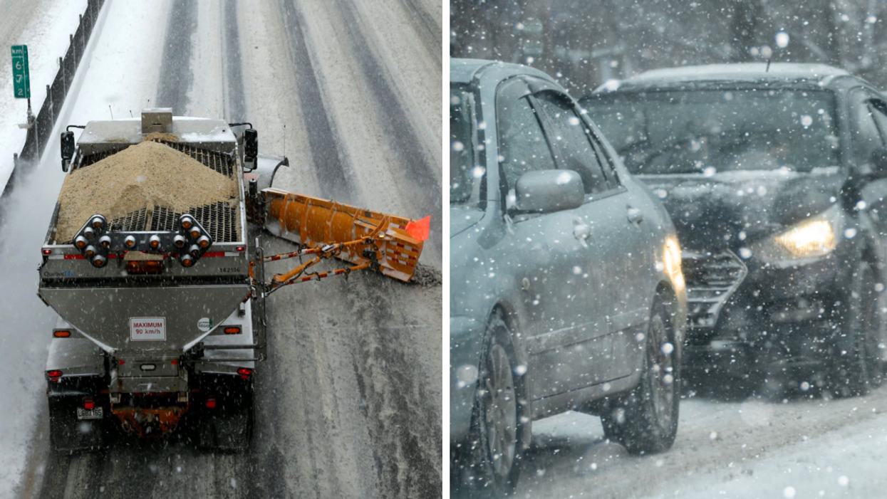 Une déneigeuse. Droite : Des embouteillages.