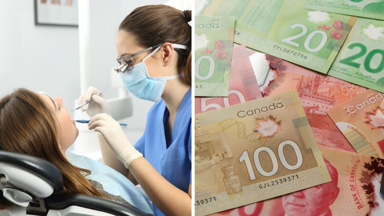 Une dentiste examine une patiente avec des outils. Droite : des billets d'argent canadien étalés sur une surface plane.