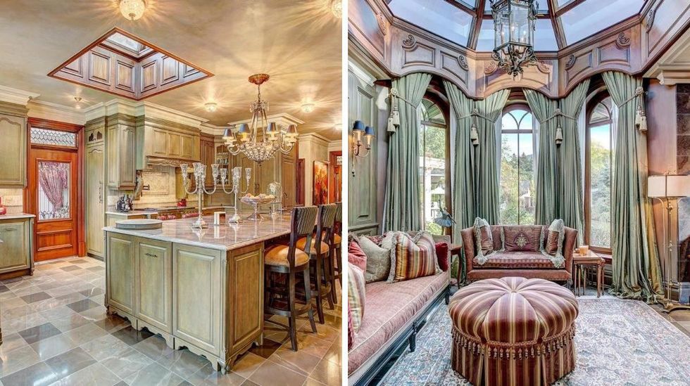 Une des cuisines luxueuses de la maison. Droite : Un des magnifiques salons dans la demeure.