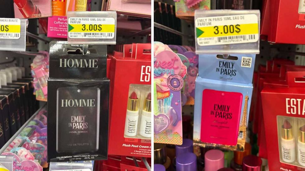 Une eau de toilette Homme noire et un parfum Emily in Paris \u00e0 emballage rose et bleu.