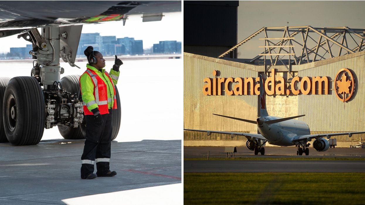 Une employée d'Air Canada. Droite : un avion.