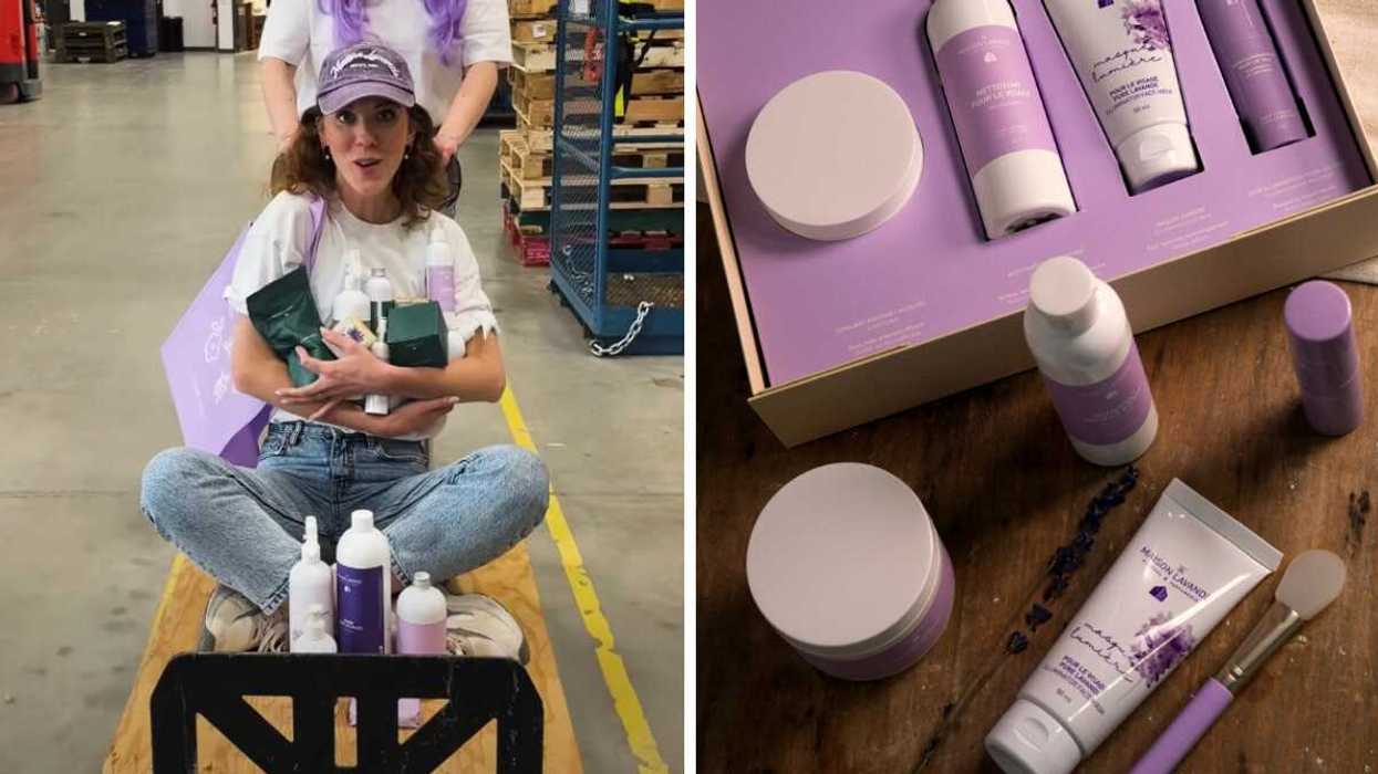 Une employée de Maison Lavande à l'entrepôt. Droite : Des produits Maison Lavande.