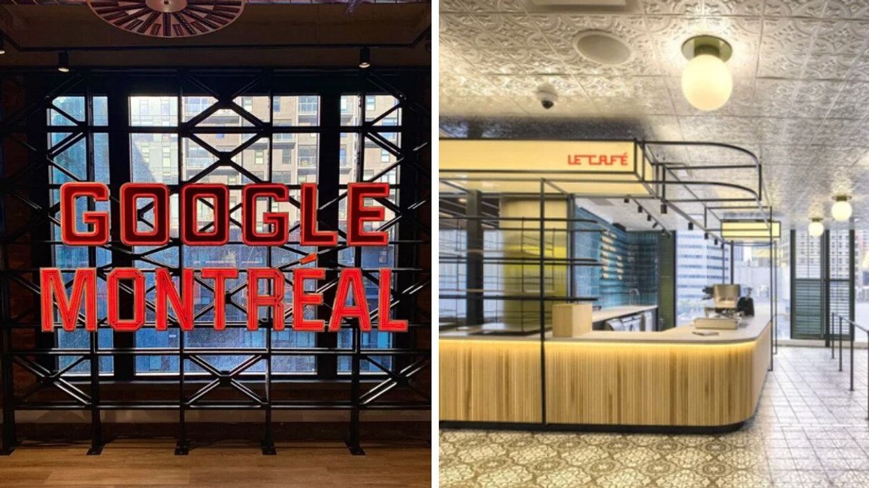 Une enseigne rouge de Google Montréal dans un bureau. Droite : La cafétéria de Google.