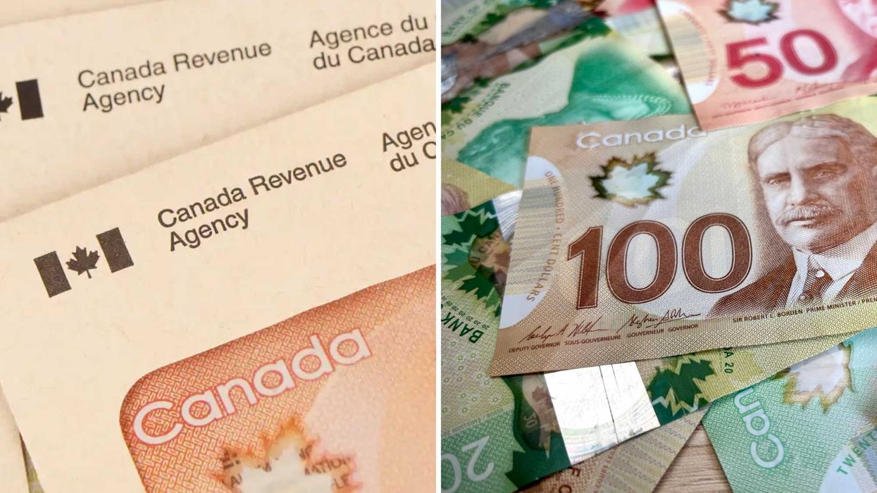 Une enveloppe de l'Agence du revenu du Canada (ARC). Droite : de l'argent canadien.