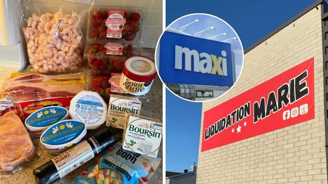 Une épicerie au Liquidation Marie. Droite : la devanture de Liquidation Marie.