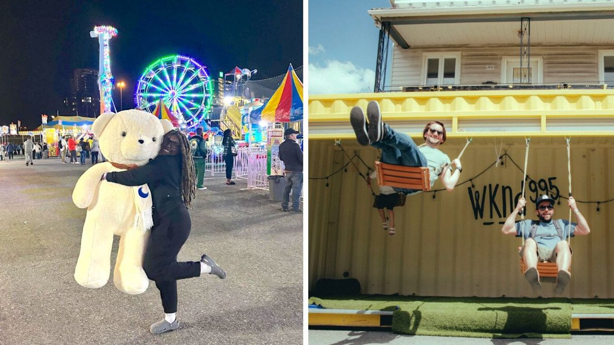 Une femme à la foire avec un énorme ours en peluche. Droite : Des hommes qui se balancent.