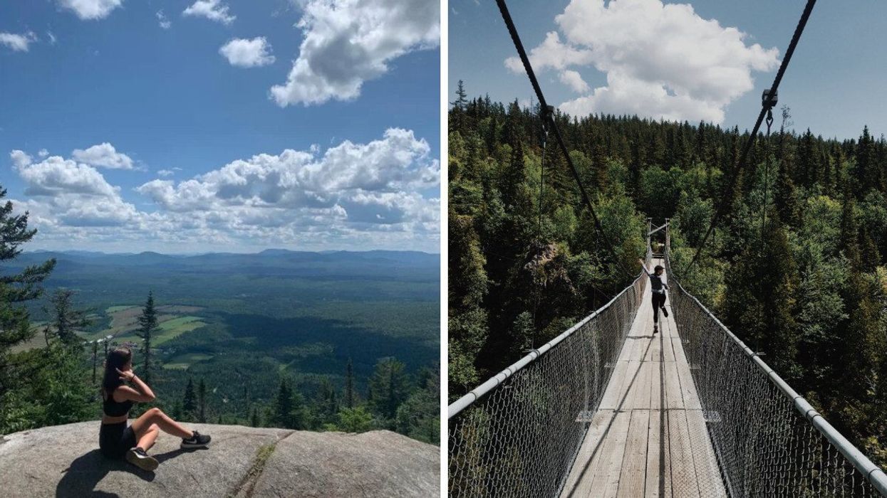 Une femme au parc national du Mont-Mégantic. Droite : Une personne sur une passerelle en forêt.