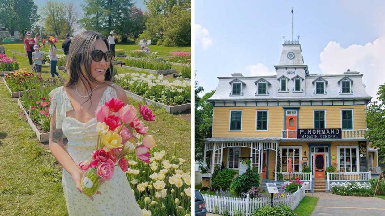 Une femme avec des fleurs à Saint-Antoine-de-Tilly. Droite : La Maison Normand.