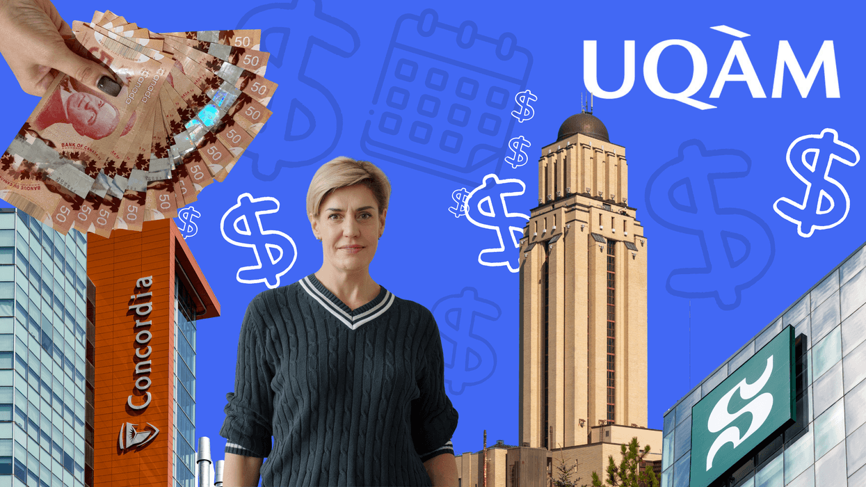 Une femme avec diverses universités du Québec, des signes d’argent et de l’argent canadien.