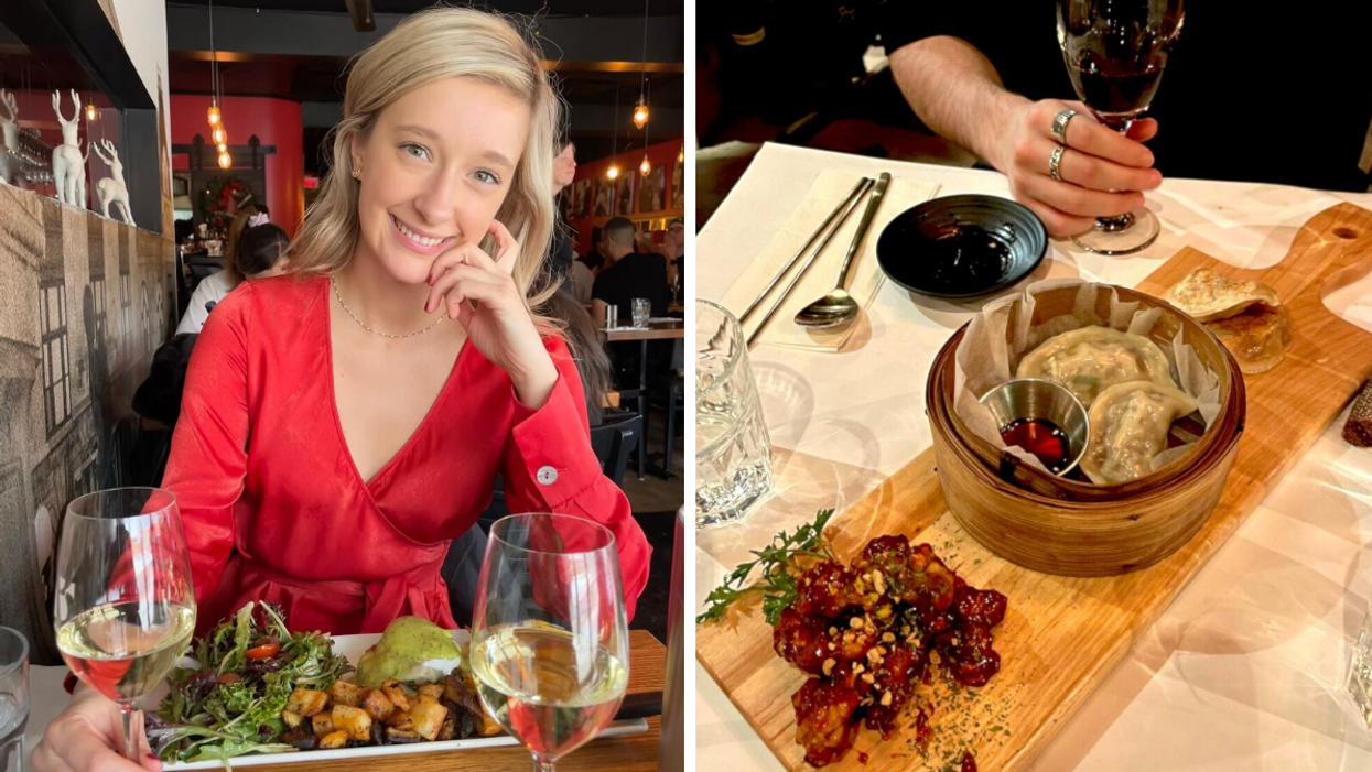 Une femme avec un verre de vin blanc à la main au Bagatelle Bistro. Droite : Des dumplings servis au restaurant Luna.