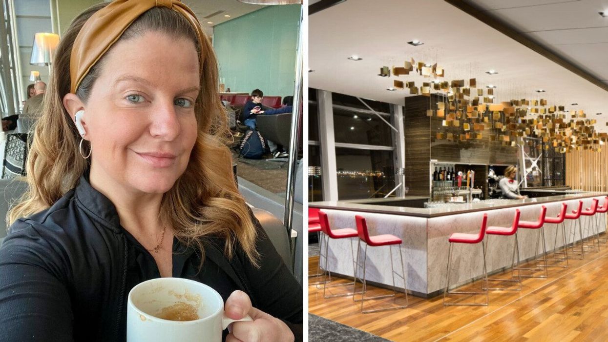 Une femme boit son café dans le salon VIP d'Air Canada à l'aéroport de Montréal. Droite : le bar d'un des salons VIP d'Air Canada à l'aéroport de Montréal.