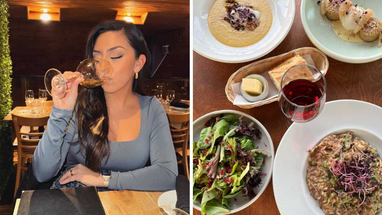 Une femme dégustant un verre de vin blanc. Droite : Une tablée avec plusieurs plats et un verre de vin.