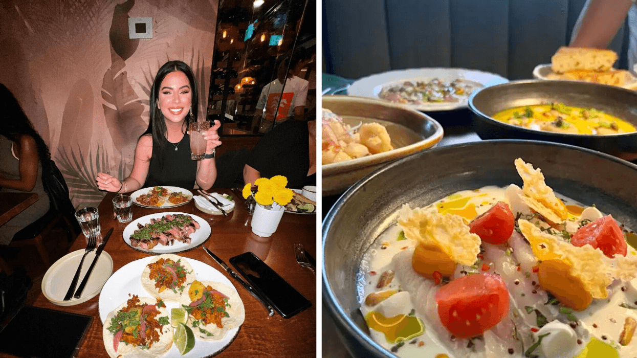 Une femme devant des plats au restaurant Sabrosa. Droite : des plats du restaurant Capisco.