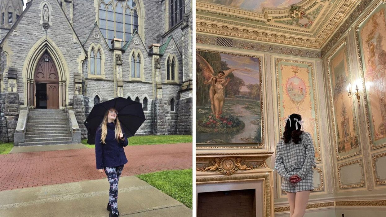 Une femme devant le Musée des métiers d'arts du Québec. Droite : Une femme dans le Château Dufresne.