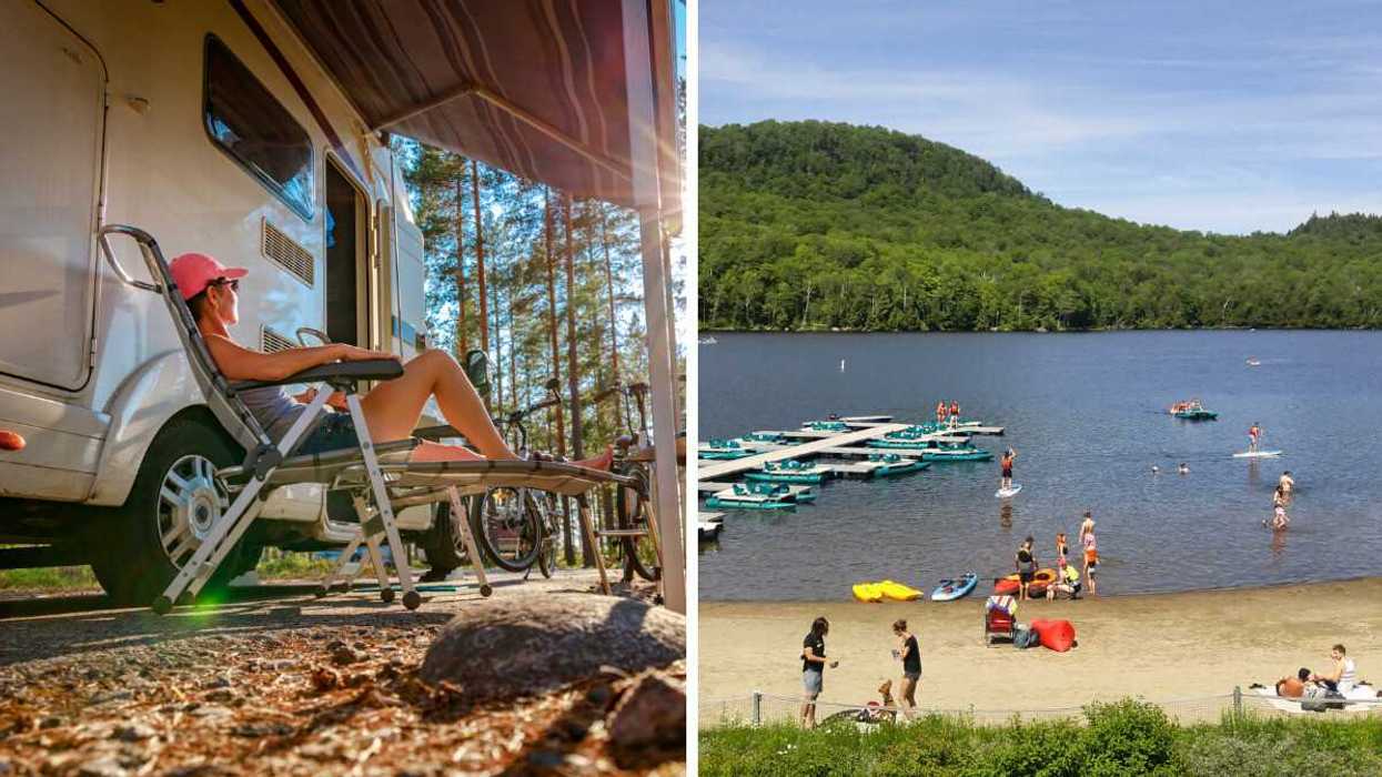 Une femme en camping. Droite : La plage du Parc national du Mont-Orford.