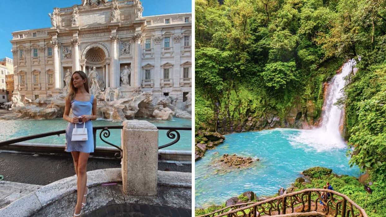 Une femme en Italie. Droite : Cascade et étang de Rio Celeste dans le Parc national du volcan Tenorio au Costa Rica.