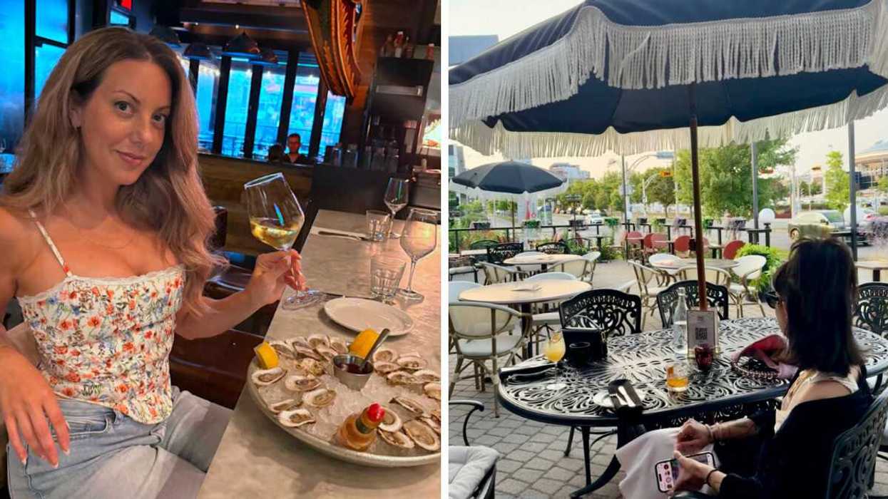 Une femme mange des huîtres à 1 $ au Lucille's. Droite : La terrasse du Madame Bovary, qui offre des huîtres à 1 $.