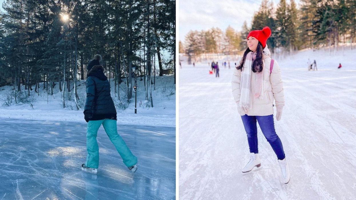 Une femme patinant sur un lac gelé avec des arbres en arrière-plan. Droite : Une femme se tenant un lac gelé.
