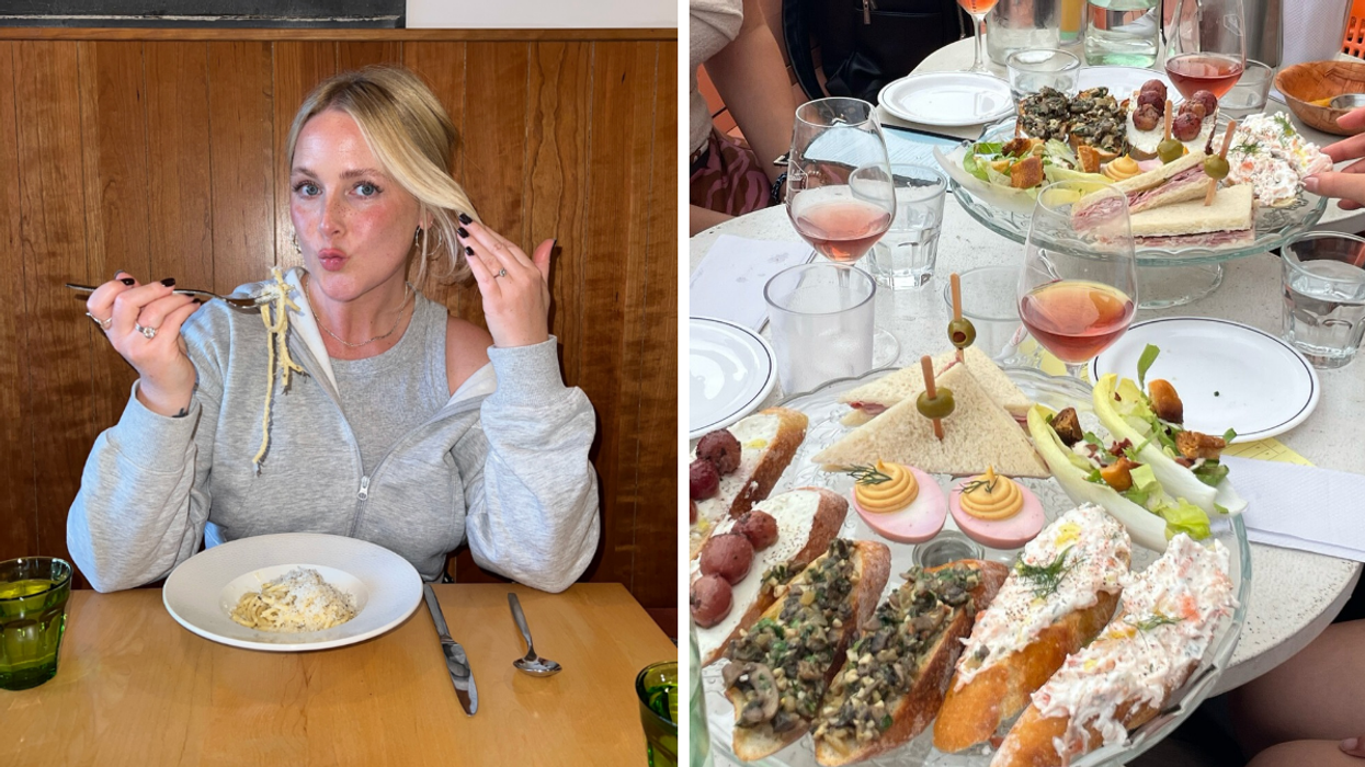 Une femme qui déguste une assiette de pâte. Droite : Une tablée remplie de petites bouchées et de verres de vins.
