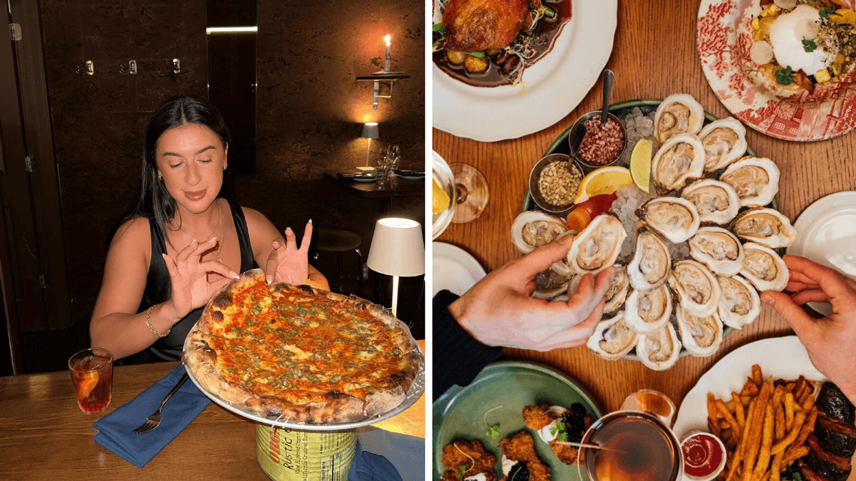 Une femme qui déguste une pizza. Droite : Une assiette d'huitre et autres plats de style pub.