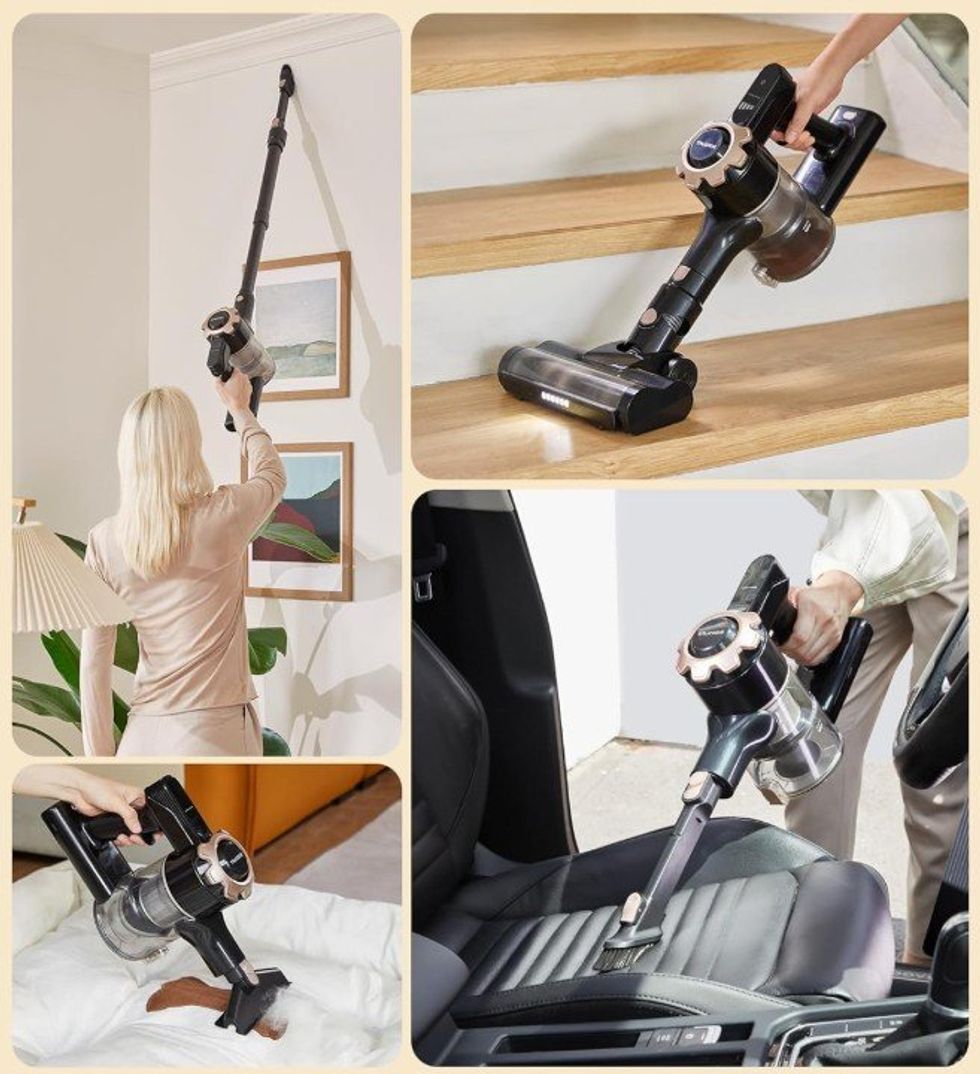 Une femme qui tient un aspirateur sans fil afin de nettoyer diff\u00e9rentes zones de la maison et de la voiture.