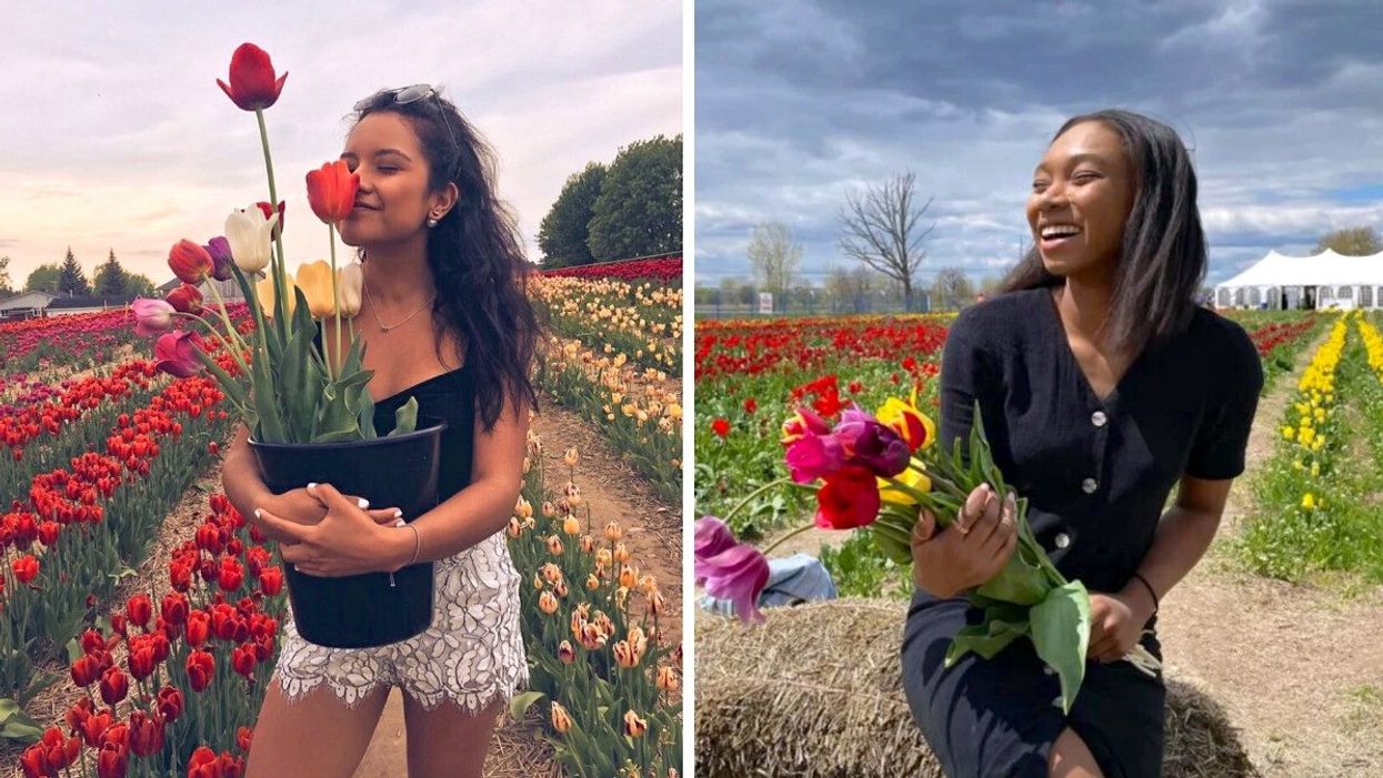 Une femme qui tient un sceau rempli de tulipes. Droite : une femme qui tient un bouquet de tulipes.