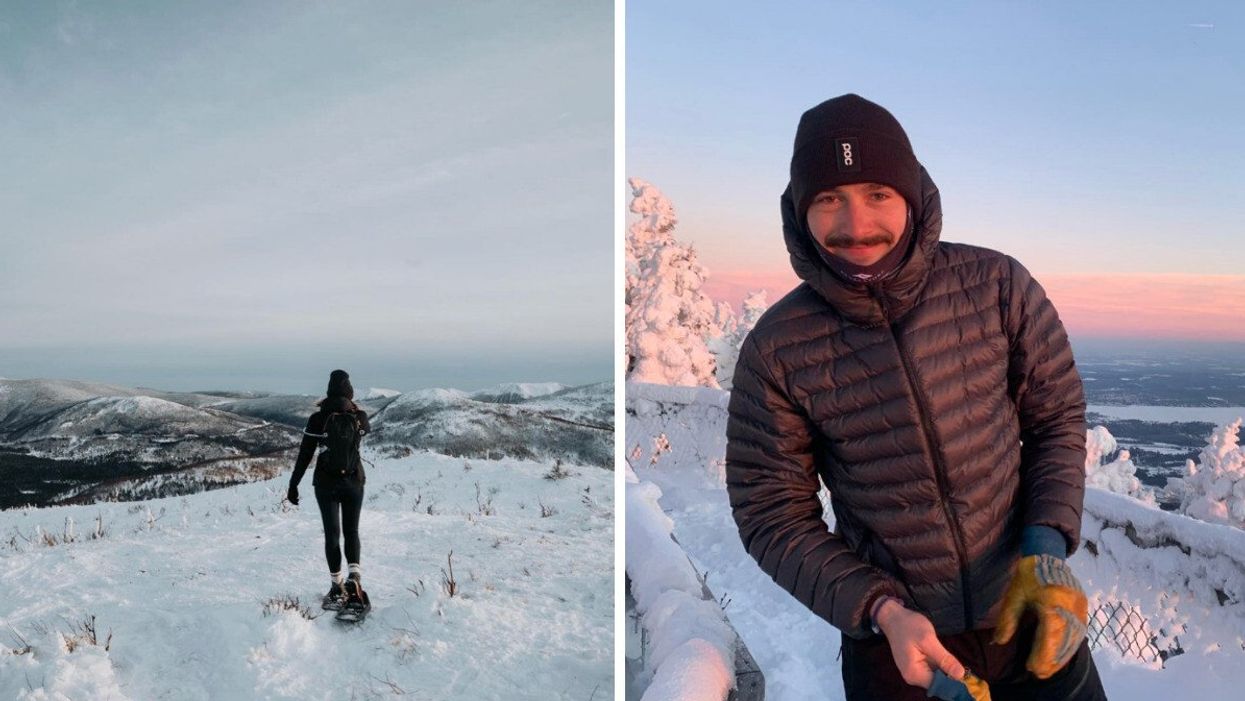 Une femme se tenant sur le dessus d'une montagne enneigée. Droite : Un homme se tenant sur le dessus d'une montagne enneigée.