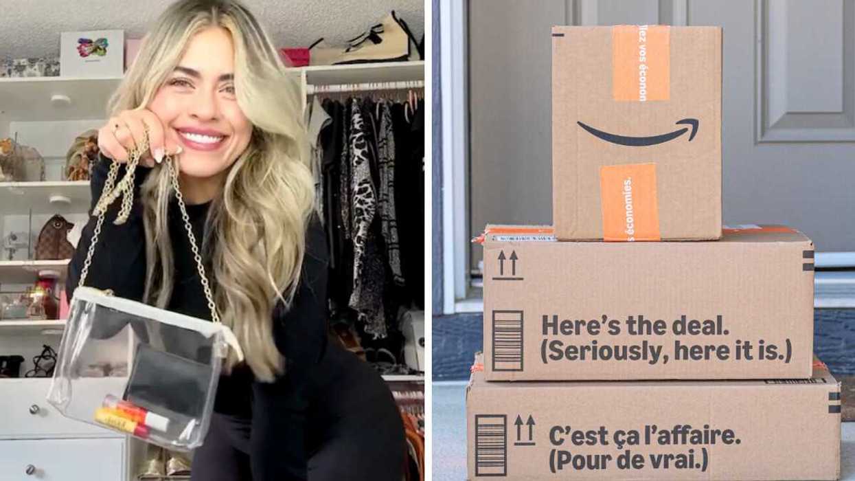 Une femme tient un sac transparent vendu sur Amazon. Droite : des boîtes Amazon Canada.
