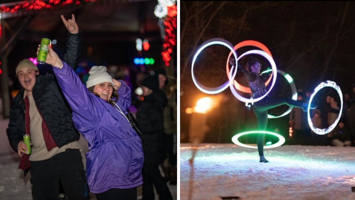 Une femme vêtue d'un manteau d'hiver mauve les bras dans les airs. Droite : une athlète de cirque qui danse avec des anneaux illuminés.