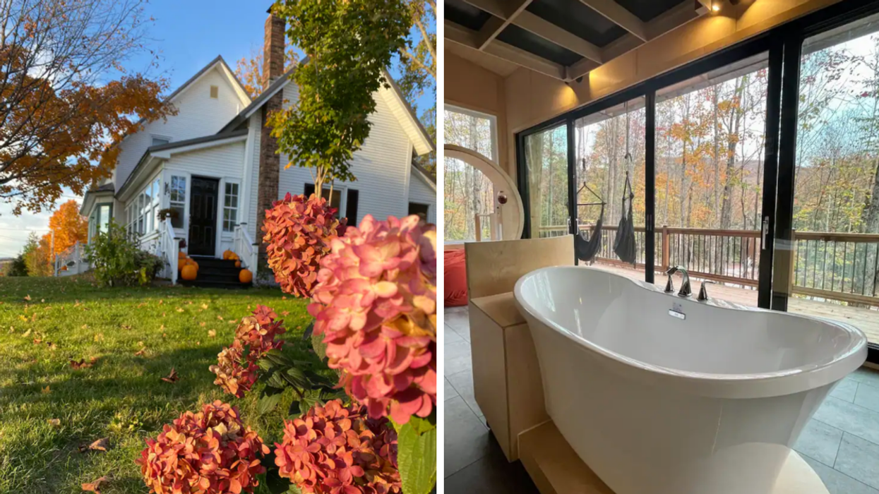 Une ferme avec une chambre à louer. Droite : La salle de bain avec vue d'un chalet en Estrie.