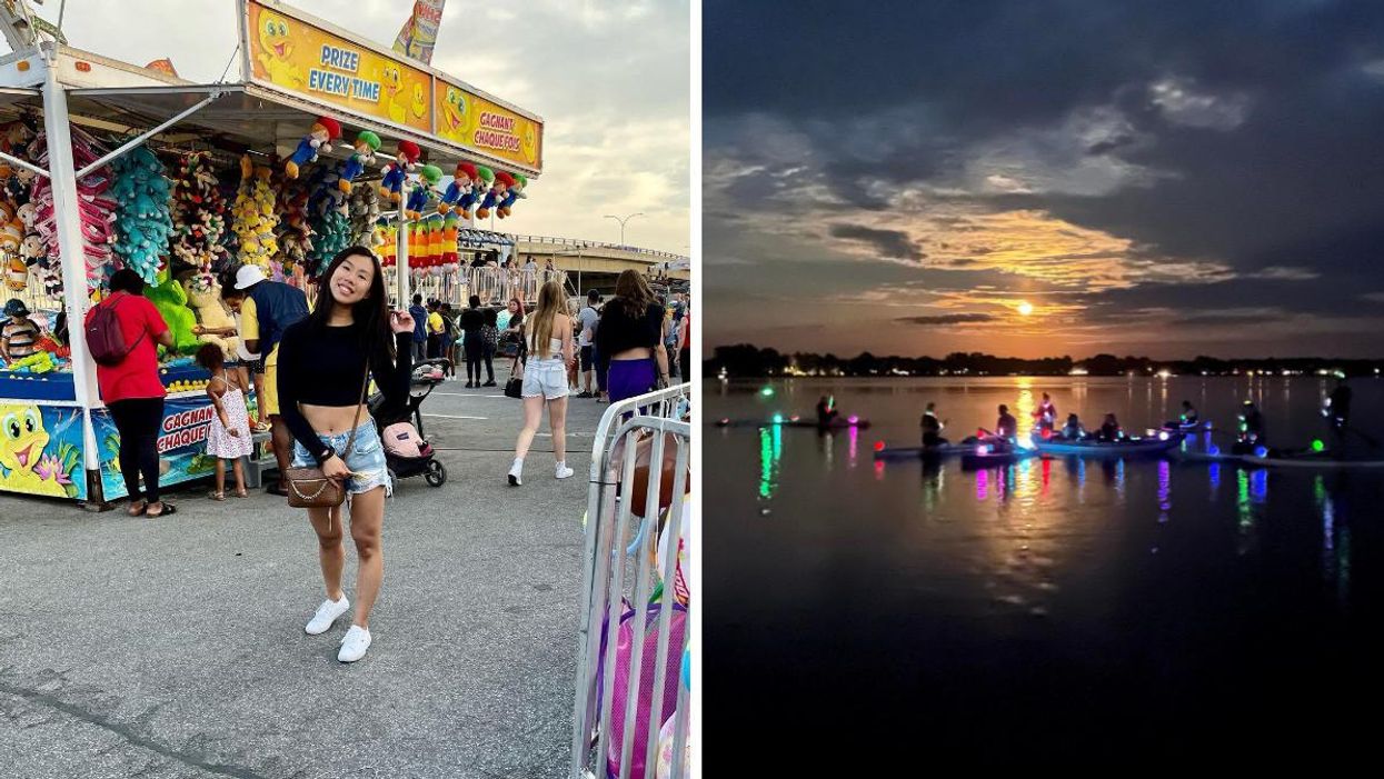 Une fête foraine de Fun Show Amusement. Droite : Du paddleboard en soirée sur la Rive-Sud de Montréal.
