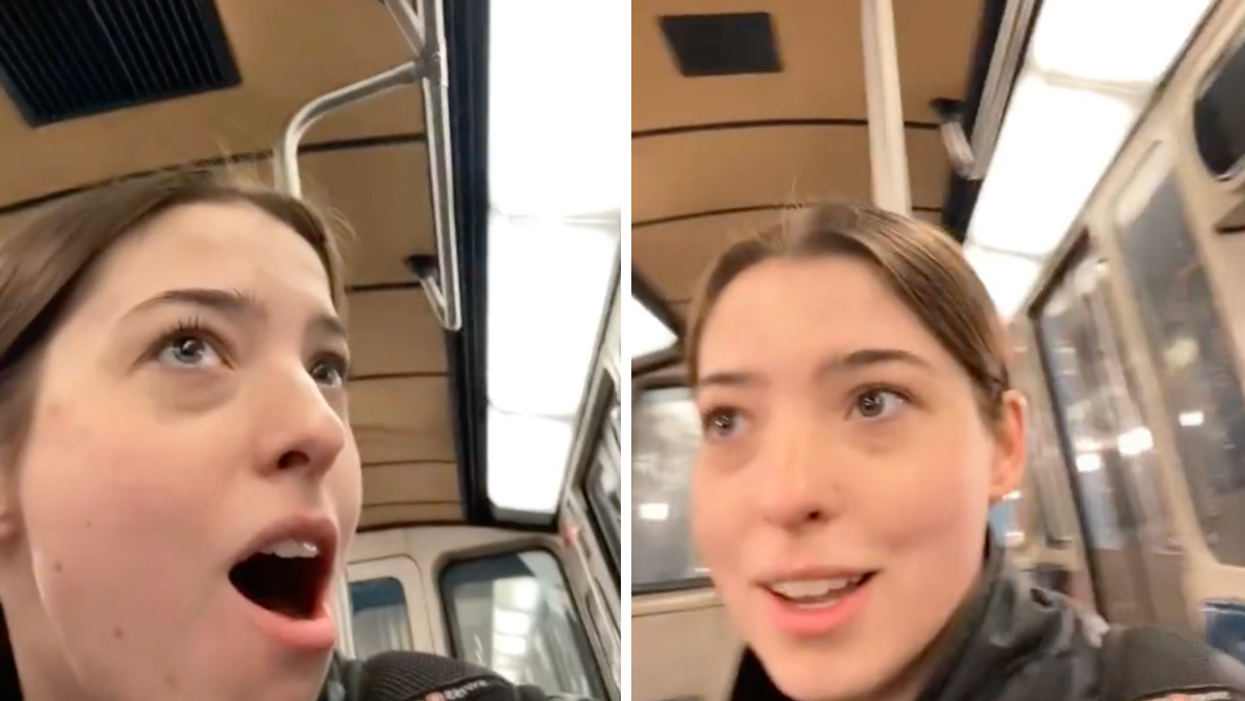 Une fille se filmant sur Tik Tok après avoir dépassé un terminus du métro de Montréal.
