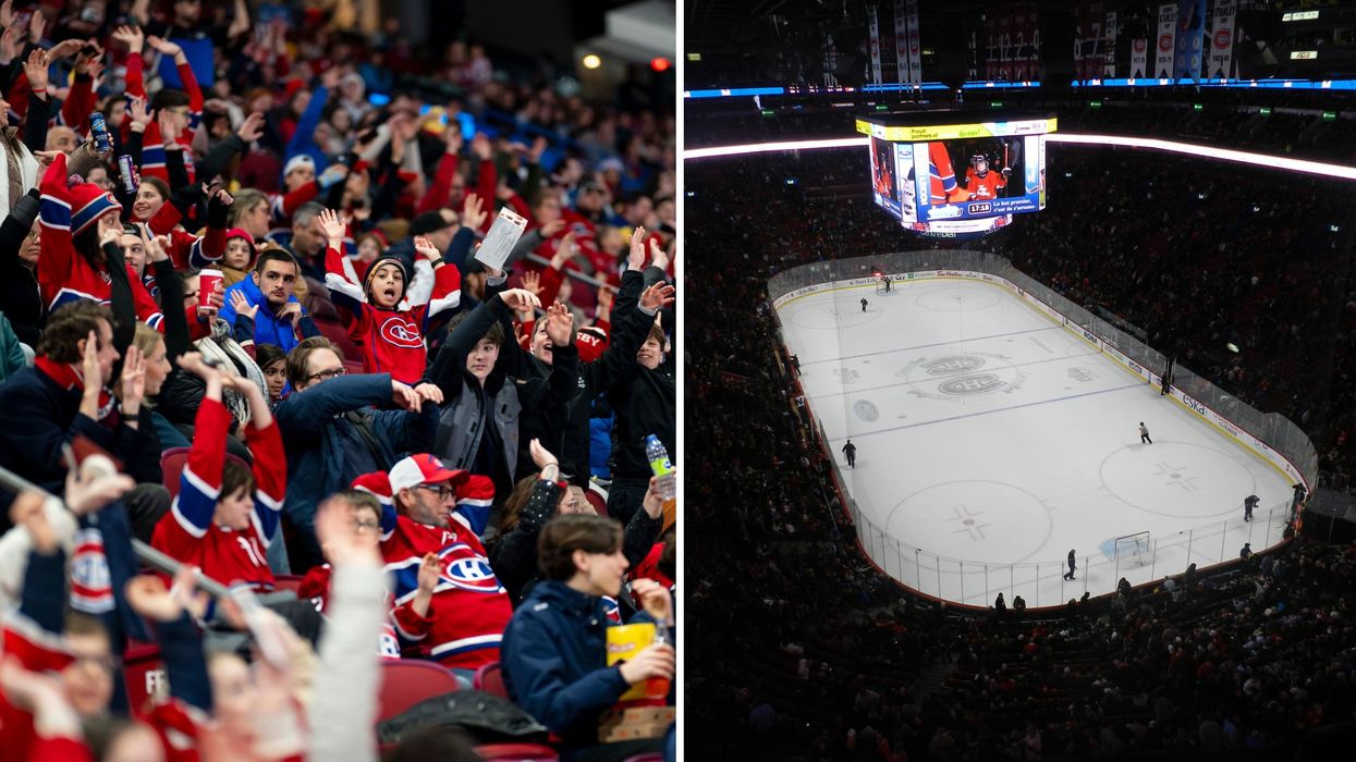 Une foule de partisans. À droite : vue d'ensemble de la patinoire du Centre Bell.