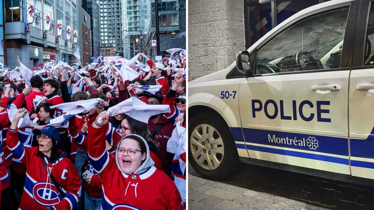 Une foule en délire devant le Centre Bell. Droite : une voiture du SPVM.