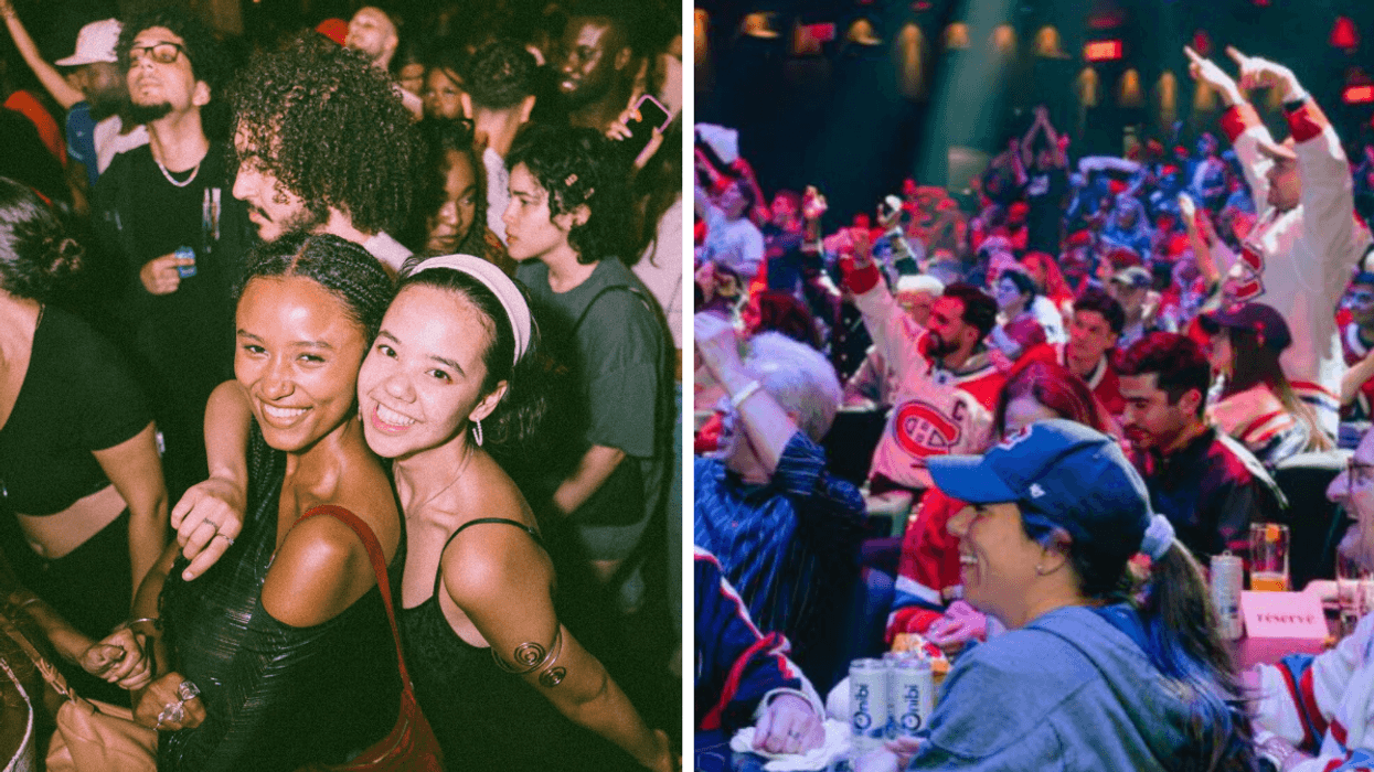 Une foule en train de faire le party à l'Aire Commune à Montréal. Droite : Une soirée des séries des Canadiens au Casino de Montréal.