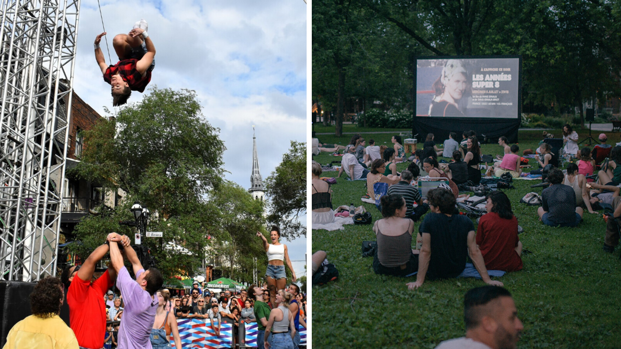 Une foule lors d'un spectacle de cirque. Droite : Des personnes assises sur le gazon lors d'une projection de film en plein air.