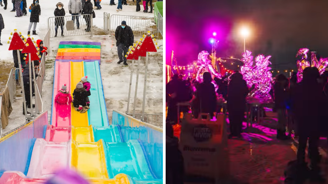 Une glissade multicolore. Droite : des gens devant des sculptures glacées illuminées la nuit.