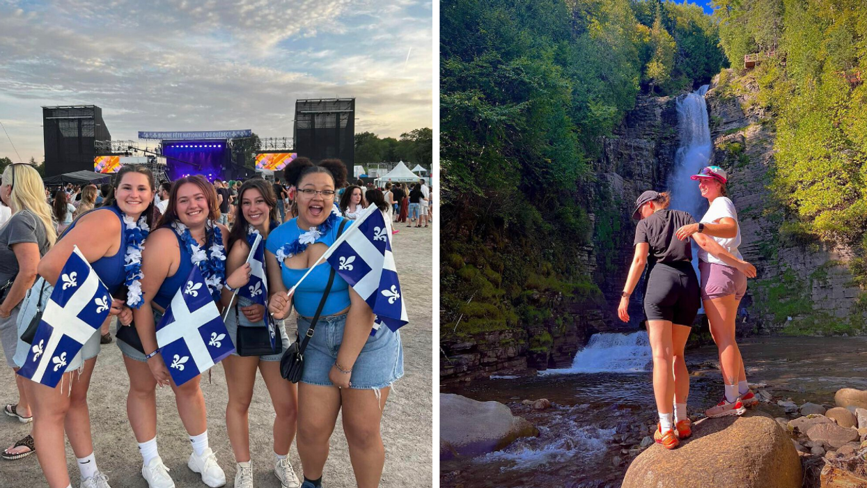 Une groupe aux célébrations de la Fête nationale du Québec. Droite : Deux personnes devant la chute Jean-Larose.