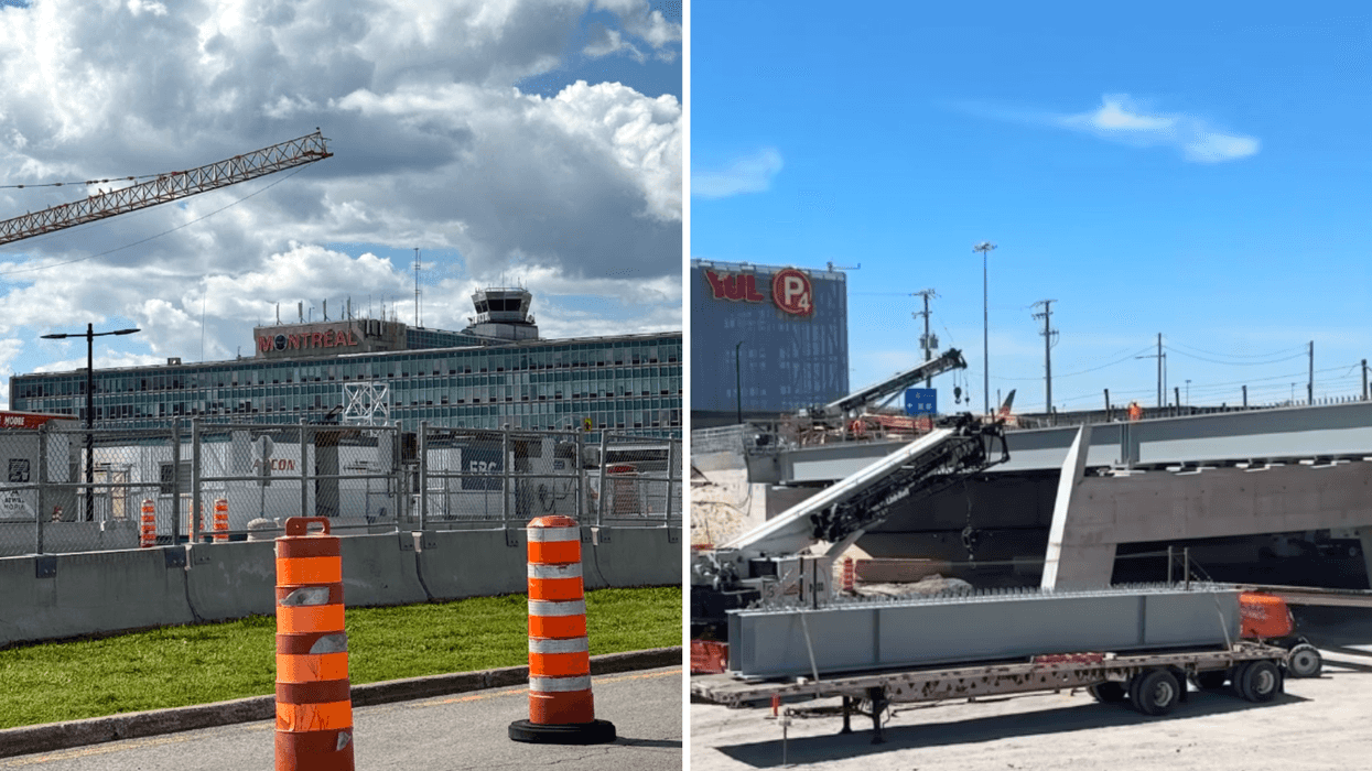 Une grue près de l'aérogare de l'aéroport de Montréal. Droite : L'installation d'une poutre métallique près du stationnement P4.