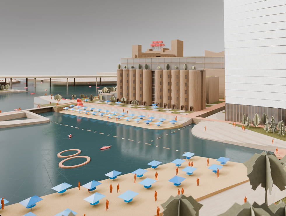 Une illustration d'un projet de plage artificielle avec du sable, des parasols et des kayaks dans un quartier industriel \u00e0 Montr\u00e9al.