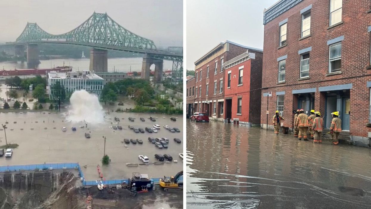 Une immense fuite d'eau a causé une inondation au centre-ville de Montréal. Droite : des pompiers dans une rue inondée à Montréal.