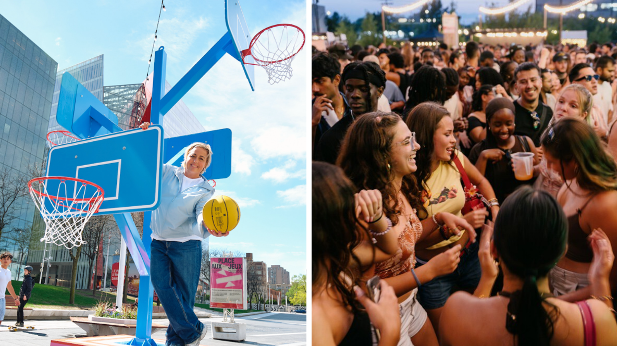 Une installation de Place aux jeux avec la complicité d'Ariane Moffat. Droite : La foule qui danse à l'Aire commune.