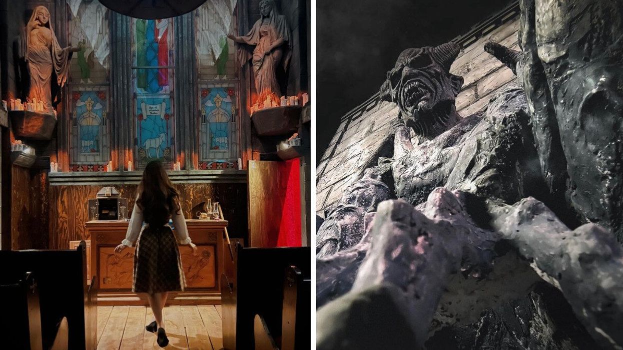 Une jeune femme face aux vitraux dans la Cathédrale Oubliée. Droite : Le démon de la Cathédrale sous forme de gargouille.