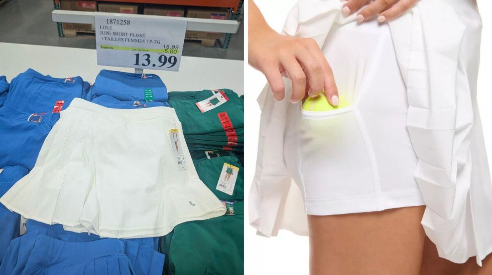 Une jupe blanche style tennis dans le rayon des v\u00eatements chez Costco. Droite : une mannequin qui la porte et tenant une balle de tennis.