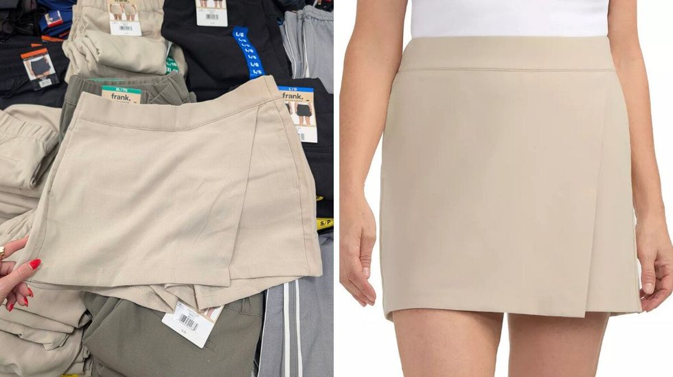 Une jupe-short beige de marque Frank And Oak dans le rayon des v\u00eatements chez Costco. Droite : une mannequin qui la porte.
