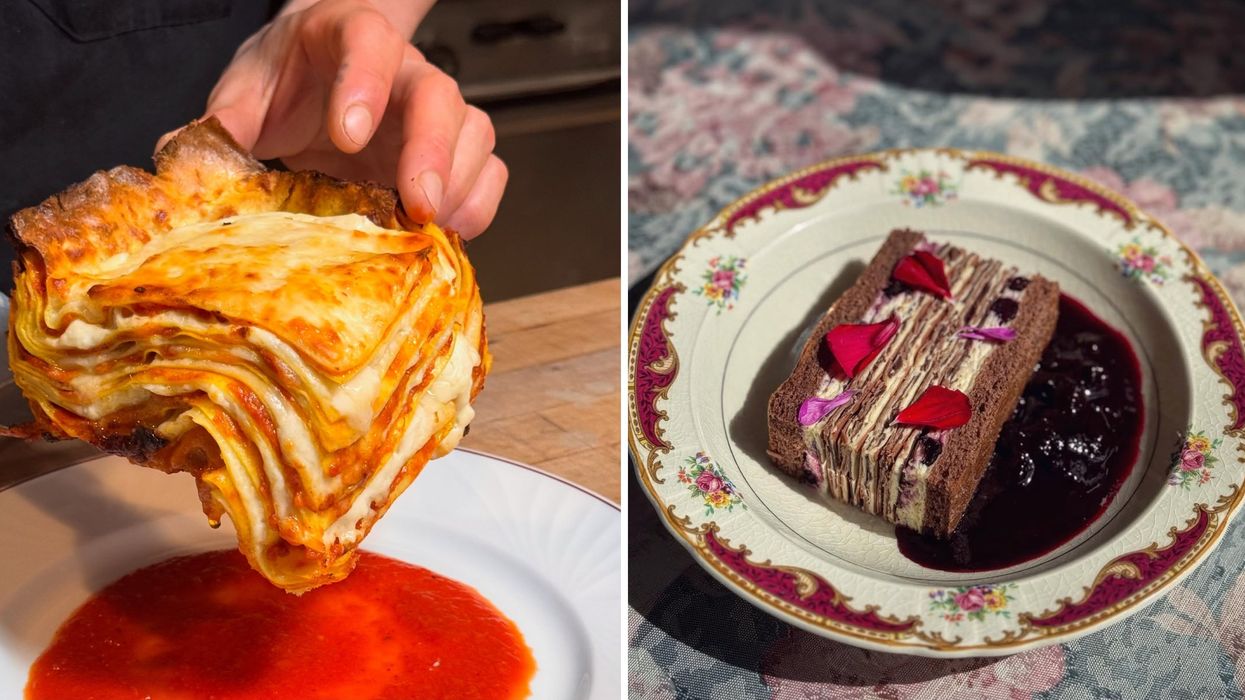Une lasagne. Droite : un gâteau.