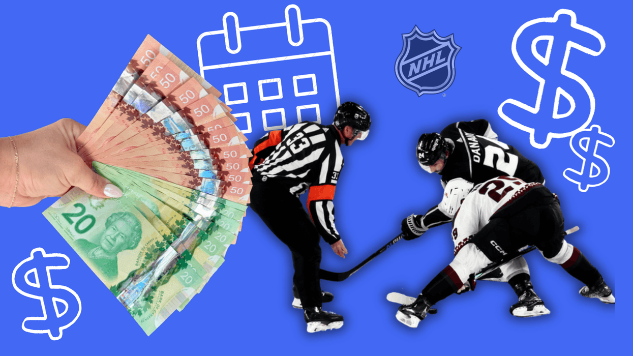 Une main avec de l'agent canadien et un arbitre devant deux joueurs de hockey.