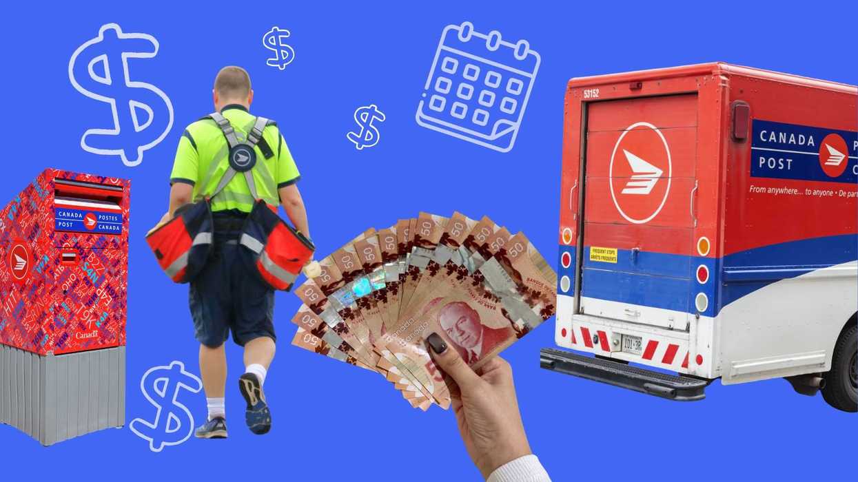 Une main avec de l'argent canadien, un facteur et un camion de livraison de Postes Canada.