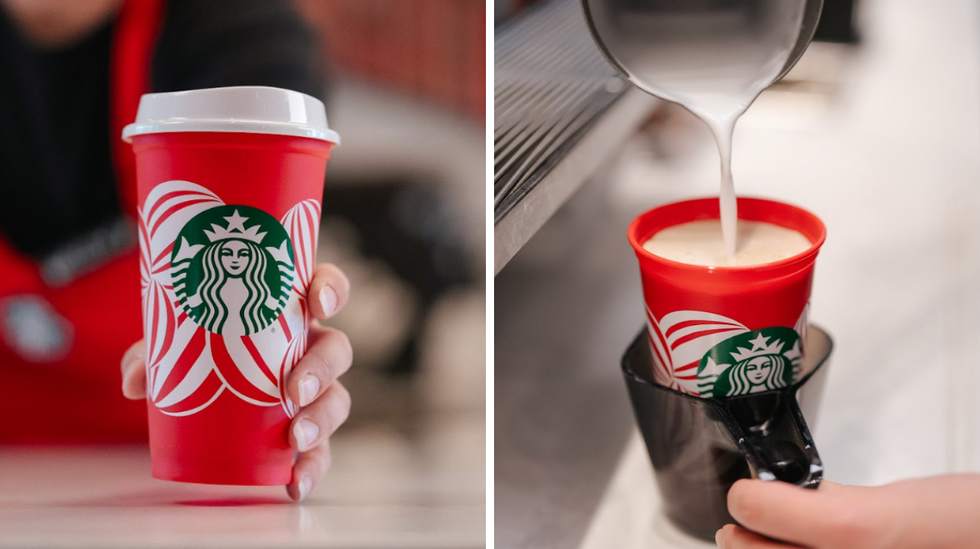 Une main qui pr\u00e9sente une tasse rouge du Starbucks. Droite : Un breuvage vers\u00e9 dans une tasse rouge du Starbucks.